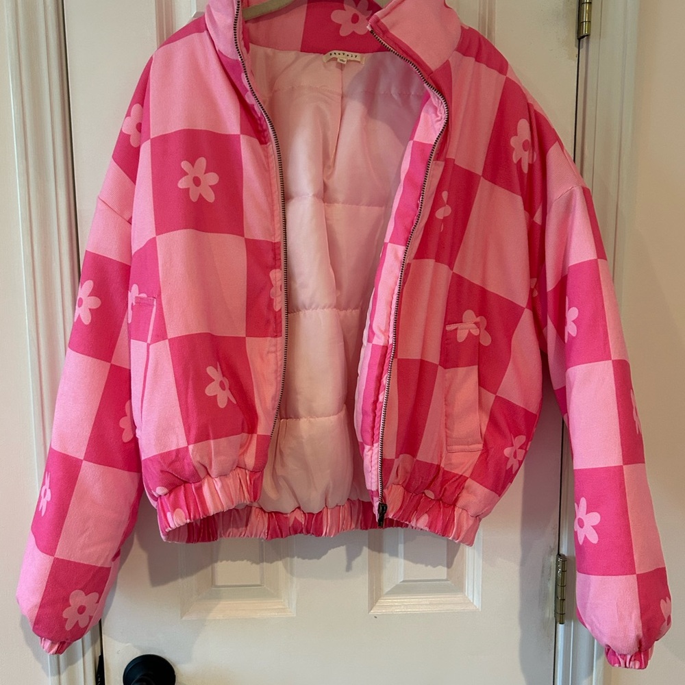 Kids Pink Checkered Floral Puffer Jacket